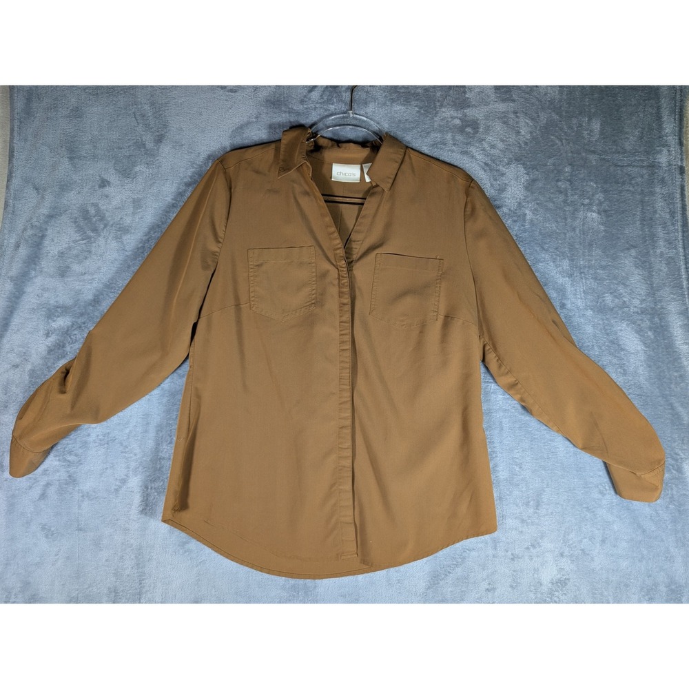 Chicos Brown Modal Blend Roll Tab Sleeve Button Down Shirt Blouse Size 0 Small